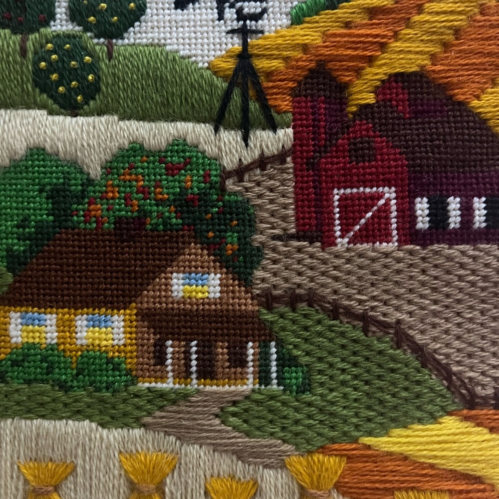 Vintage 90s Artisan Needlepoint Framed Farmhouse Scene - Picture 9 of 16